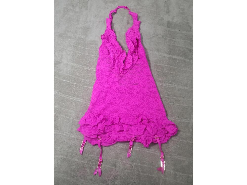 Y2K Victoria's Secret Pink Lace Halter Mini Dress with Ruffle and Garter Details